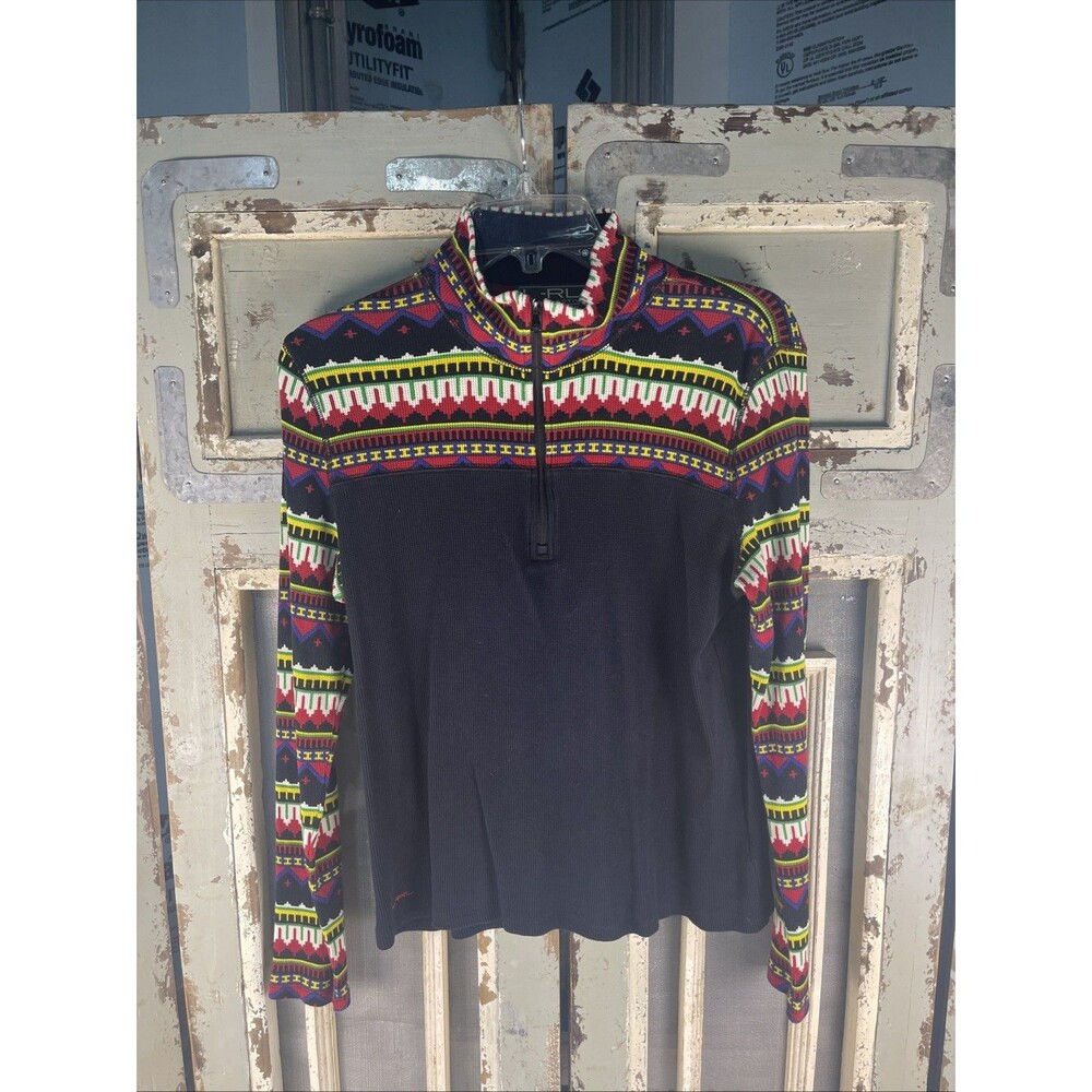 Lauren Ralph Lauren VTG Y2K Womens Cotton Knit Aztec 1/4 Zip Crop Workout Top LG